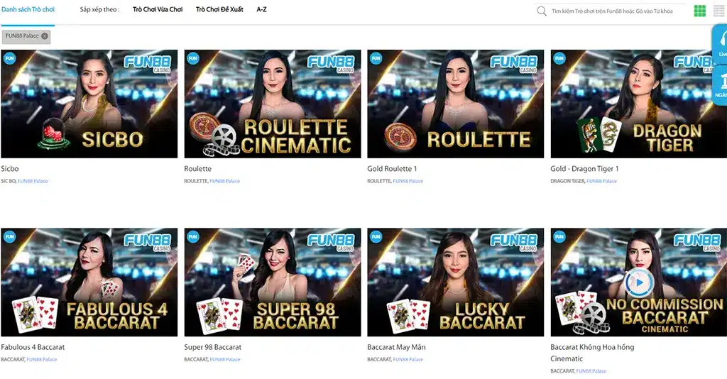Fun88 cũng là sòng bài online với các game sicbo, roulette, baccarat với người chia bài thật
